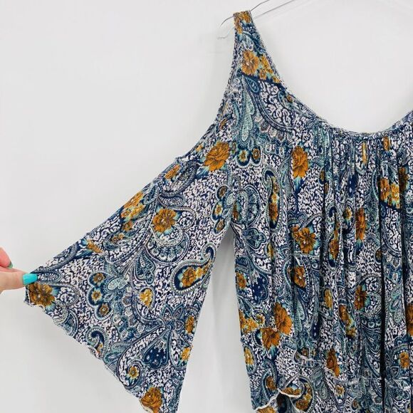 Free People Size XS Blue Paisley Print Hummingbird Chloe Cold Shoulder Top - Picture 6 of 13